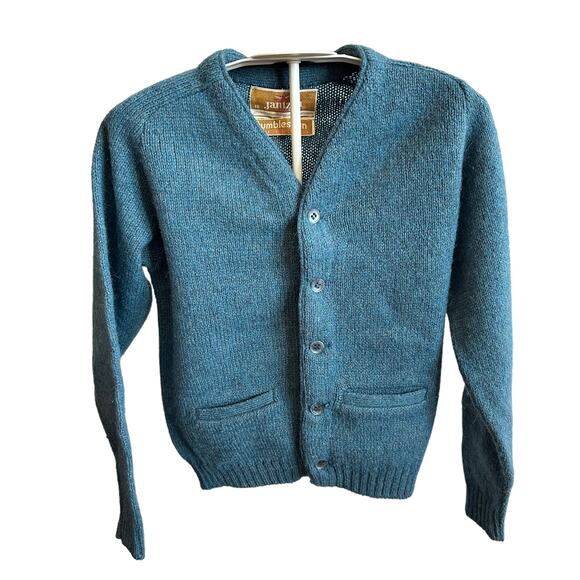 Vintage 70s Boys Jantzen Tumblespun Blue Wool Cardigan Sweater Size 12